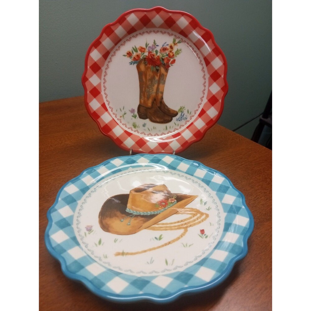 Pioneer Woman Snack Salad Plate Country Western Checkered Boots Cowboy Hat 7"